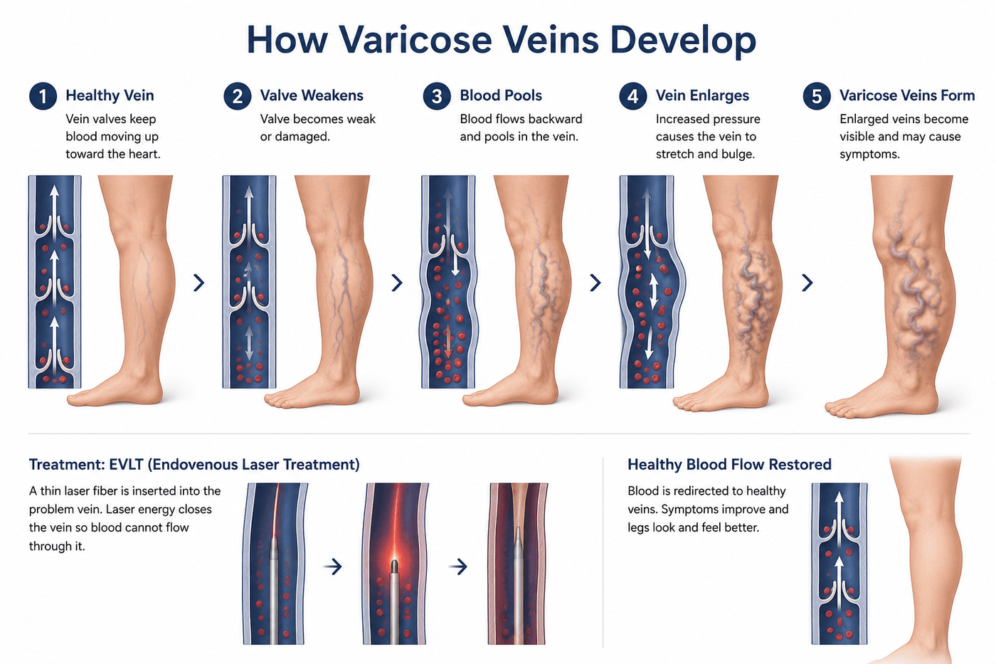 Diagram: how varicose veins develop in five stages — from a healthy vein with working valves to valve failure, blood pooling, vein enlargement, and visible varicose veins — plus how EVLT laser treatment closes the diseased vein to restore healthy blood flow.